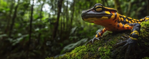 Obraz premium A brightly colored salamander resting on a moss covered log