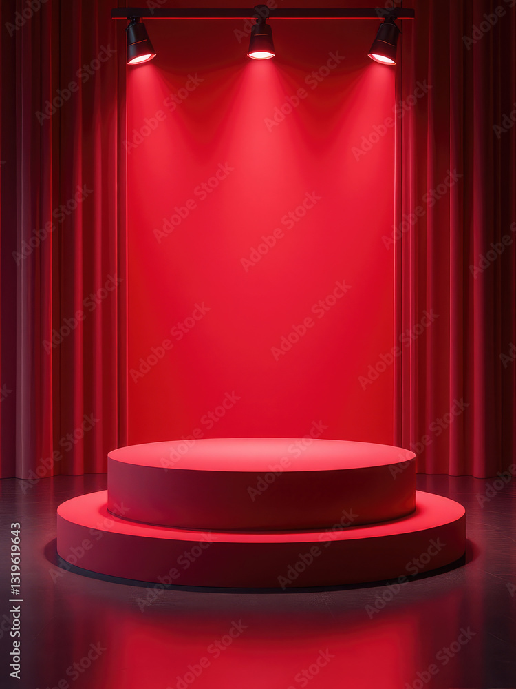 Poster two red podium platform for product presentation 3d rendering luxury pedestal stand show empty table