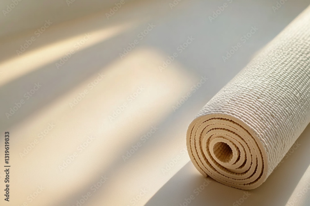 Poster minimalistic yoga mat positioned diagonally on light background showcases clean design and ample spa