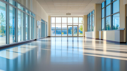 Fototapeta premium Bright Empty Modern Hallway With Large Glass Windows And Shiny Floor Reflecting Natural Light In A Contemporary Building Interior