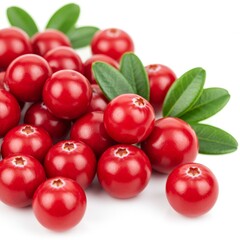 Fresh Cranberries with Green Leaves - A pile of vibrant red cranberries with lush green leaves, isolated on a white background. Perfect for healthy food or beverage concepts