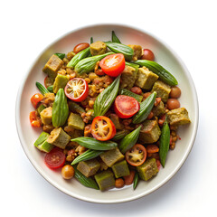 bhindi masala on white plate on white background 