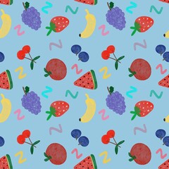 seamless pattern with colorful fruits on light blue background 