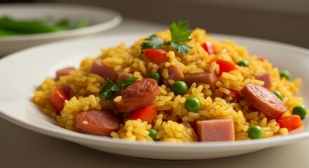Delicious Arroz con Salchicha Dish with Ham and Peas on Plate