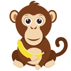 An adorable cute cartoon monkey joyfully holding a bright yellow banana in its hands