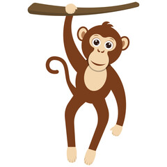 An adorable and fun cartoon monkey joyfully hanging from a sturdy branch in a vibrant jungle