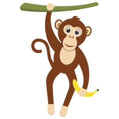 Obraz premium A cute cartoon monkey clinging to a ripe banana in a vibrant jungle with colorful plants