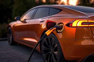 Electric Car Charging at Sunset: Modern Sustainable Transportation Concept