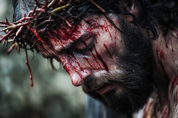 The Sacrifice: A poignant depiction of Jesus Christ on the cross, crowned with thorns. A powerful image of faith, suffering, and redemption, perfect  