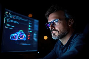 Focused Software Developer Analyzing Code and Digital Car Model at Night