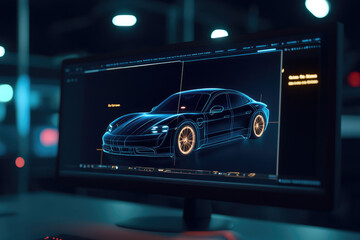 Futuristic Automobile Design on Computer Screen in Modern Creative Studio at Night