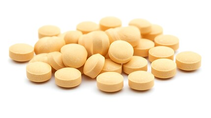 Pile of small round yellow pills on white surface