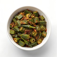 top view of bhindi masala in bowl 