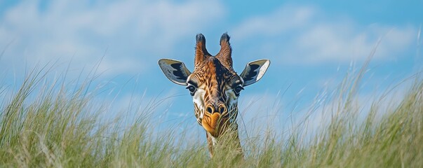 Obraz premium The tall graceful giraffe stares inquisitively from within the tall grass