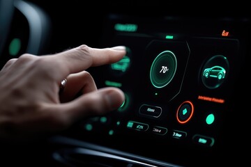 Futuristic Car Touchscreen Interface with Hand Navigating Digital Dashboard Controls