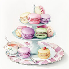 Obraz premium Cute set of afternoon tea with macarons. Watercolors style .Icons element.