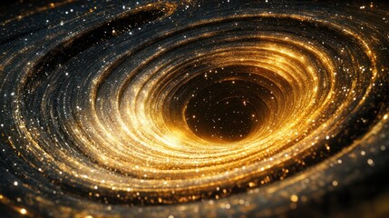 Golden Galactic Vortex: A mesmerizing digital artwork depicting a swirling vortex of golden light and cosmic dust, evoking a sense of wonder and the infinite mysteries of space.