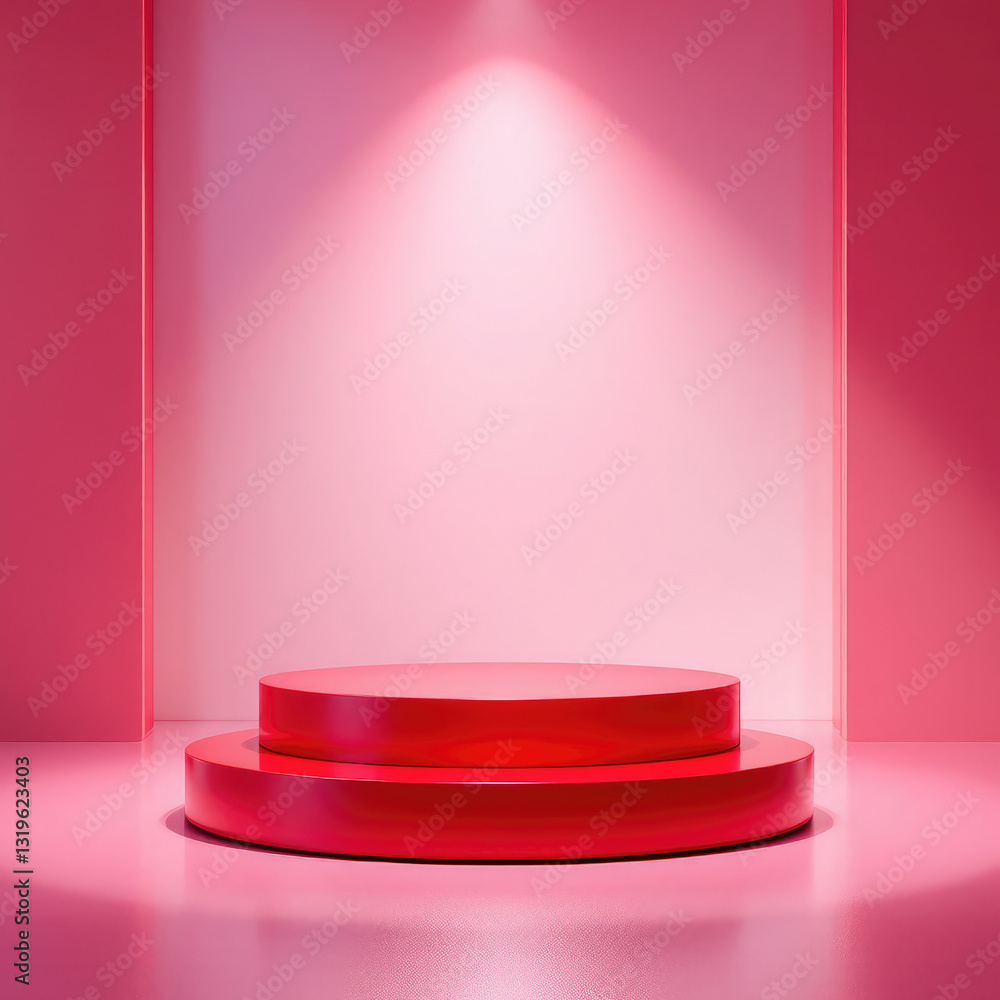 Poster red podium platform for product presentation 3d rendering luxury pedestal stand show empty tabletop 