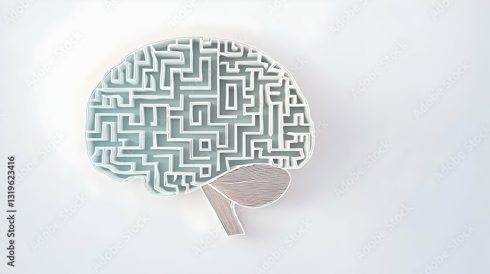 Poster white three dimensional brain shaped maze on a plain white background symbolizing the complexities o