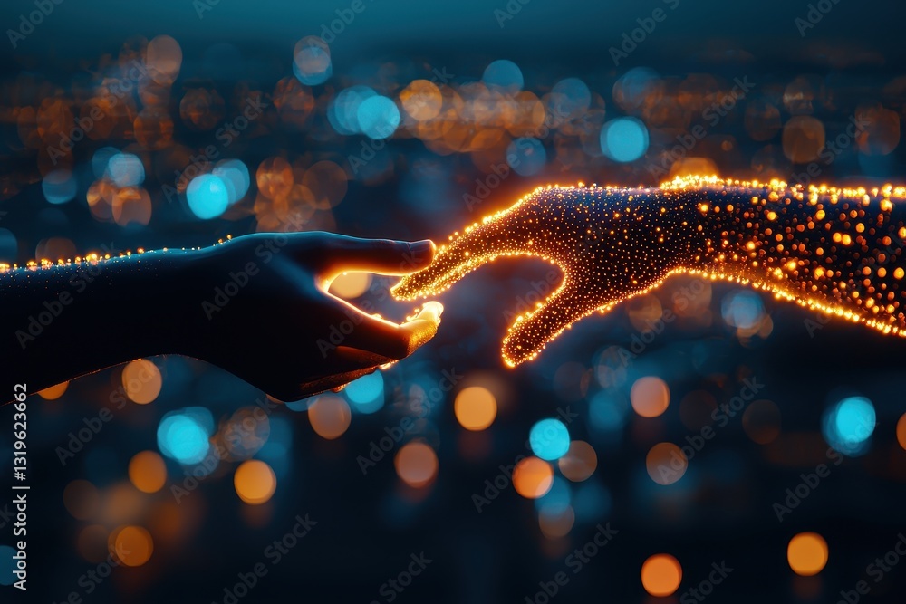 Aufkleber a mesmerizing image of two hands reaching towards each other, one illuminated with glowing particles