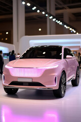Fototapeta premium Futuristic Pink Electric SUV Displayed at Auto Show with LED Lighting