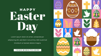 Happy Easter day horizontal banner design template with flat ornament illustration