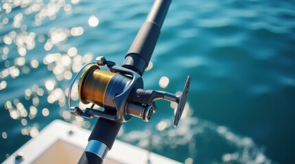 A modern fishing reel and rod on a boat deck, with the ocean and sunlight in the background, emphasizing marine fishing equipment and adventure.