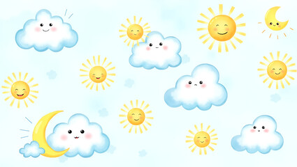 Fototapeta premium Cute watercolor illustration featuring fluffy clouds, radiant suns, and a cheerful moon with smiling expressions. A delightful weather concept ideal for prints, wallpapers, and kids' designs.