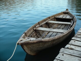 Obraz premium Old wooden rowboat at weathered dock, still water reflecting blue sky, vintage and serene, perfect for rustic or nautical art.