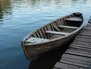 Obraz premium Old wooden rowboat at weathered dock, still water reflecting blue sky, vintage and serene, perfect for rustic or nautical art.