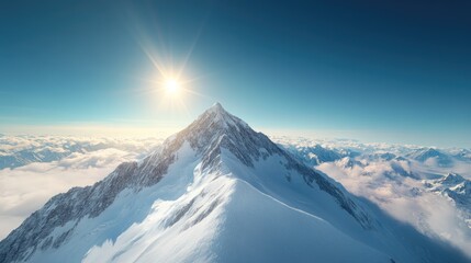 Majestic Snow-Covered Mountain Peak Against a Radiant Sunrise