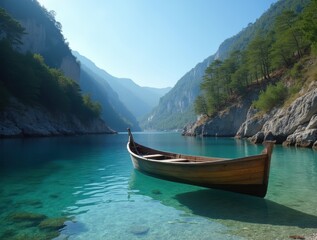 Rustic rowboat in quiet hidden cove, clear water reflecting blue sky, steep forested hills, serene, ideal for adventure or retreat visuals.