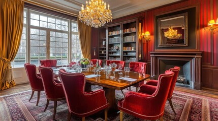 Obraz premium Elegant Dining Room with Red Velvet Chairs and Crystal Chandelier