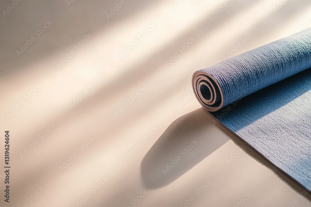 Poster Minimalistic yoga mat placed diagonally on a light background with muted tones and ample empty space inviting calm and focus