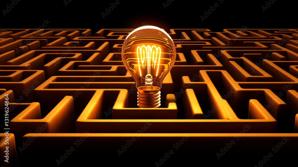 Poster bright illuminated light bulb placed at heart of maze symbolizes creativity and problem solving
