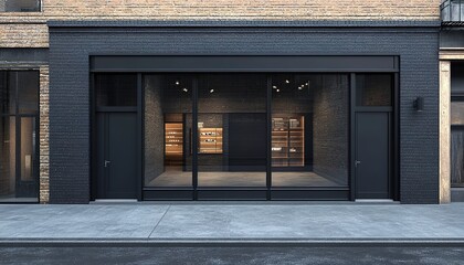  A realistic mockup of an empty black storefront with dark gray window frames on the right side, set against a brick wall background.