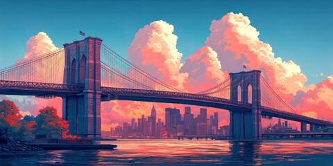 Sunset view of brooklyn bridge new york landscape