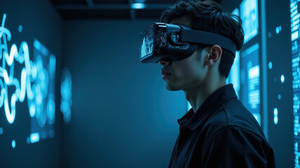 Young man wearing a VR headset in a futuristic setting, exploring digital data.