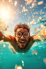Fototapeta premium Underwater Adventure: Joyful Diver Capturing Sunlit Selfie in Crystal Clear Ocean