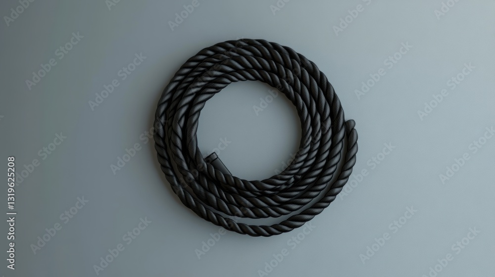 Aufkleber neatly coiled black jump rope resting on a smooth grey surface, showcasing minimalist design with am