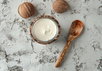 Creamy white substance in a wooden bowl with a wooden spoon on a textured gray background with natural fibers for a rustic culinary theme