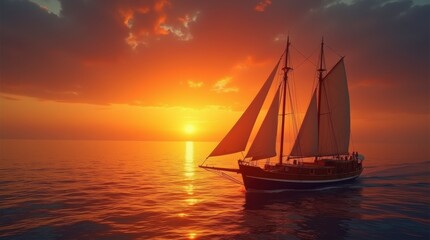 Naklejka premium Wooden boat sailing on calm ocean at sunset, vibrant warm colors, peaceful and serene mood, ideal for travel or relaxation themes.