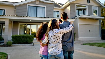 Couple embracing in front of their big modern house, rear view. Happy young family standing looking on their new property and hugging. Buying home of dream. Mortgage, home loan concept
