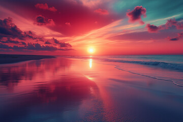 Stunning coastal landscape at sunset or sunrise with bright reflections in the sea and beautiful clouds, beautiful sky, seascape, composite background, desktop wallpaper