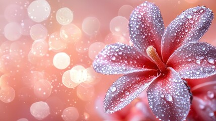 Fototapeta premium Dew-kissed Plumeria Blossom in Soft Pink Bokeh