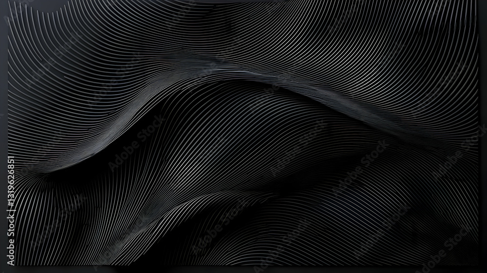 Poster dark abstract background with flowing 3d white dots lines and waves in a digital art style