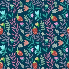 seamless pattern with colorful flowers and red strawberry  on deep blue background 