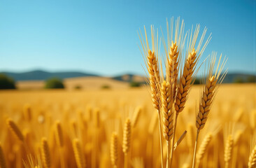 Naklejka premium Close-up of ripe golden wheat stalks in a field under a sunny sky. Perfect for food, agriculture, and nature themes.