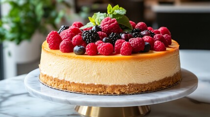 Delicious cheesecake topped with fresh berries.