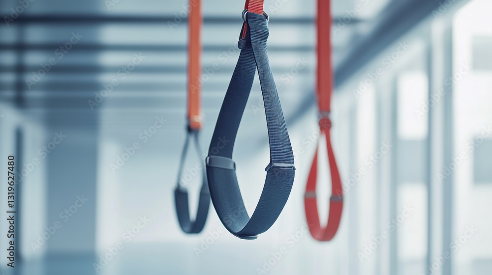 Poster minimal fitness straps hang from the ceiling in a bright space showcasing geometric design and balan